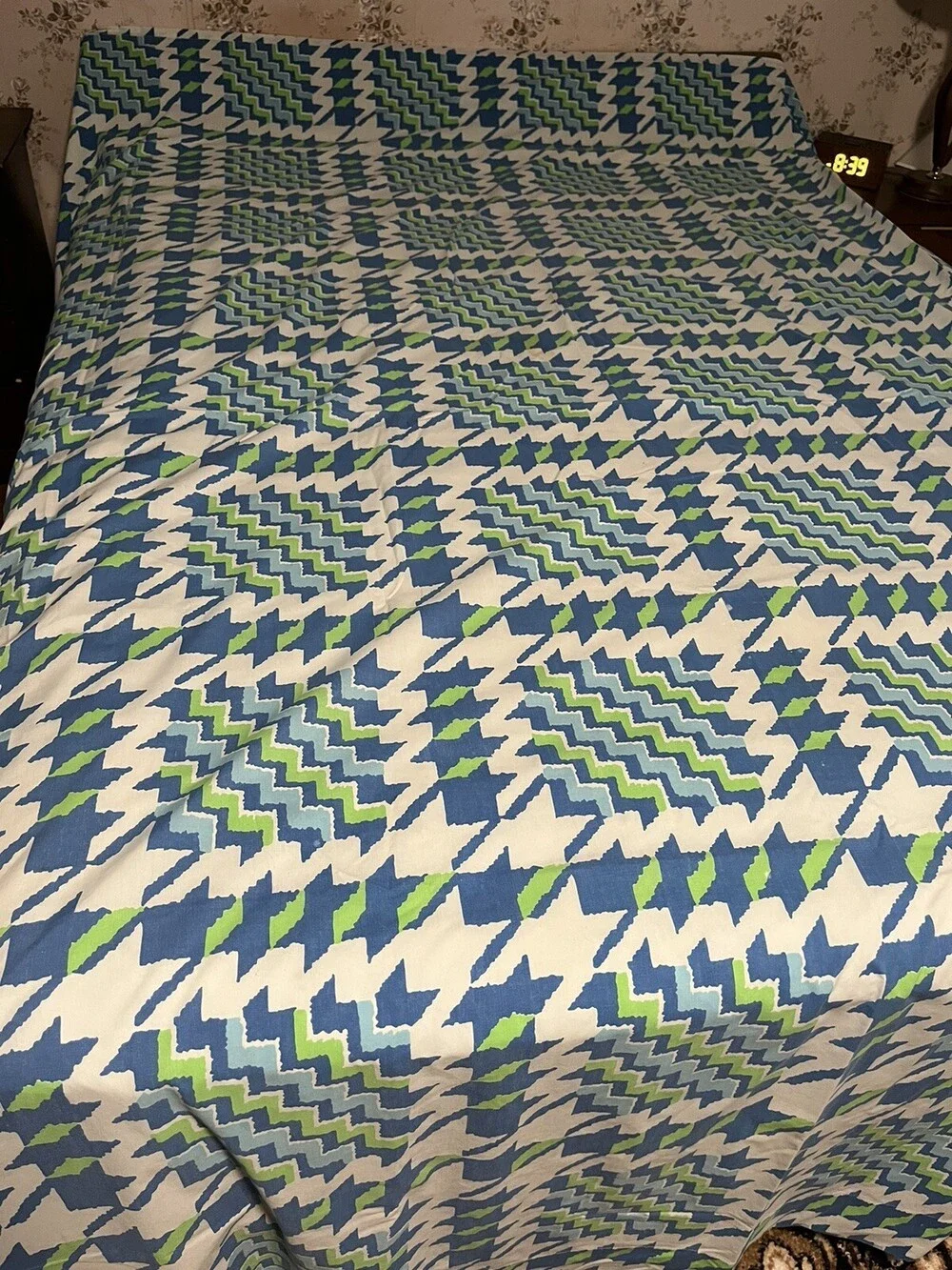 VTG Yves Saint Laurent Fieldcrest Blue Green Desert Song 70s King Flat Bed Sheet